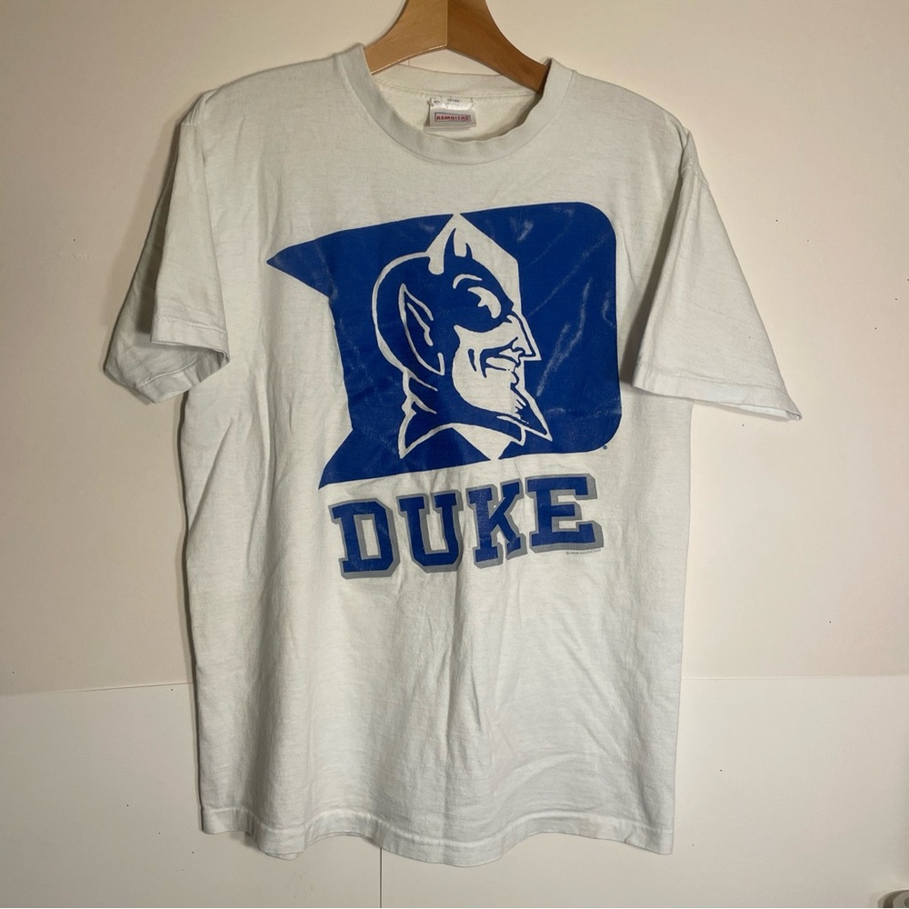 VTG Duke Blue Devils T- Shirt Adult Size L Single Stitched White - NICE Print!